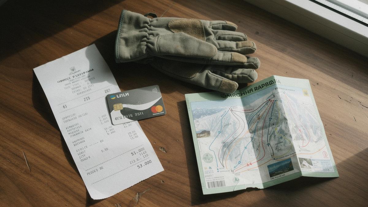 Travel documents and a bank card on a desk beside ski gloves and a resort map