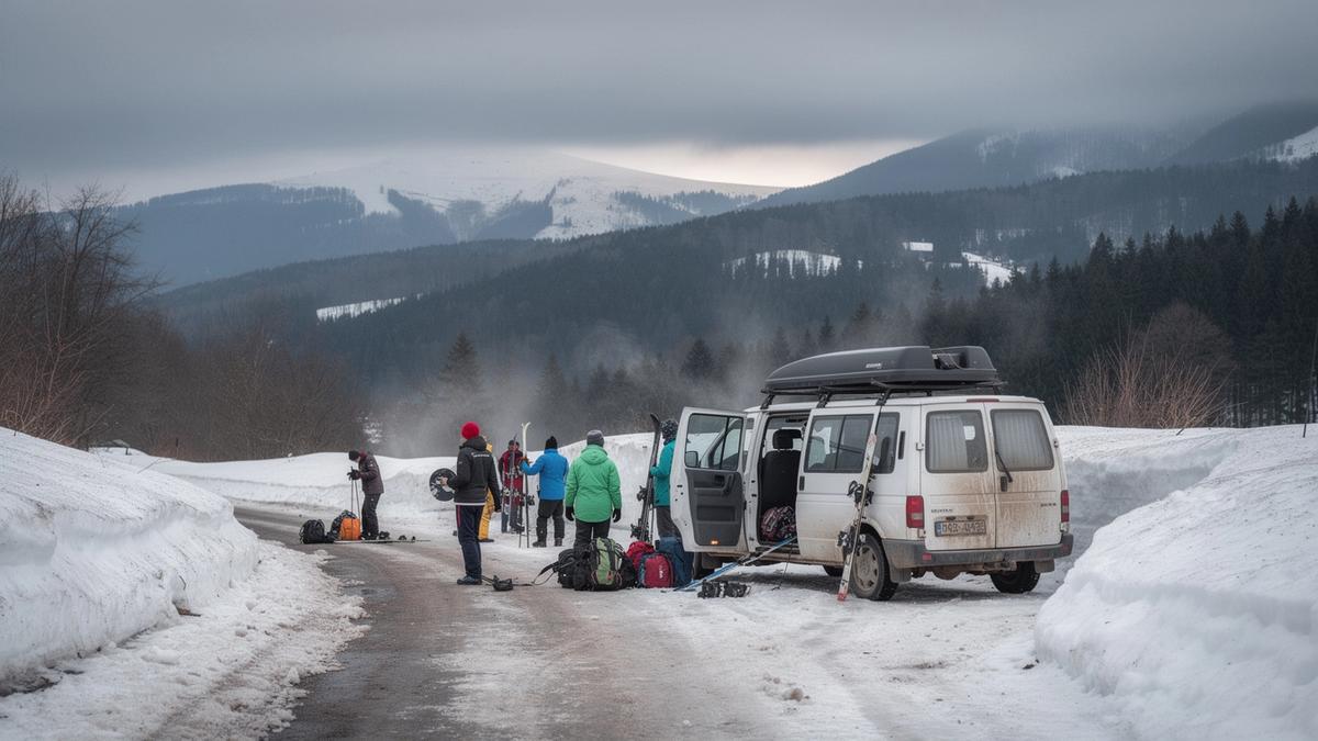 Minibus with roof racks waiting at a snow-covered mountain roadhead pickup point