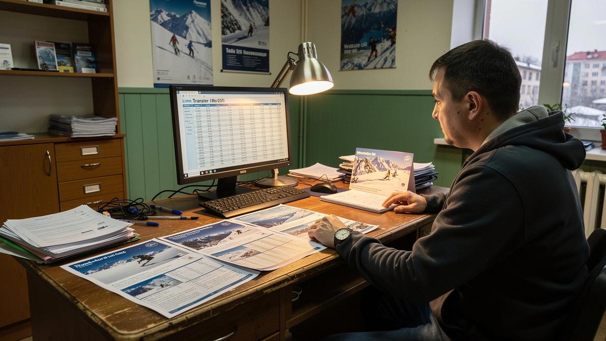 Advisor at the Kyiv ski desk comparing resort snow reports with transfer times