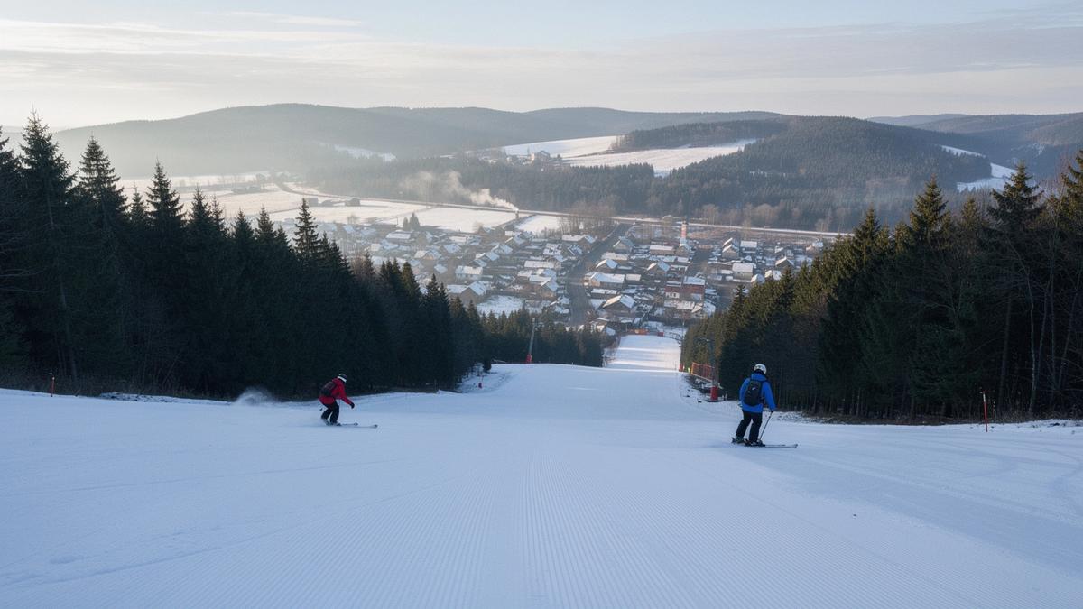 Groomed ski piste above a Carpathian village in morning light