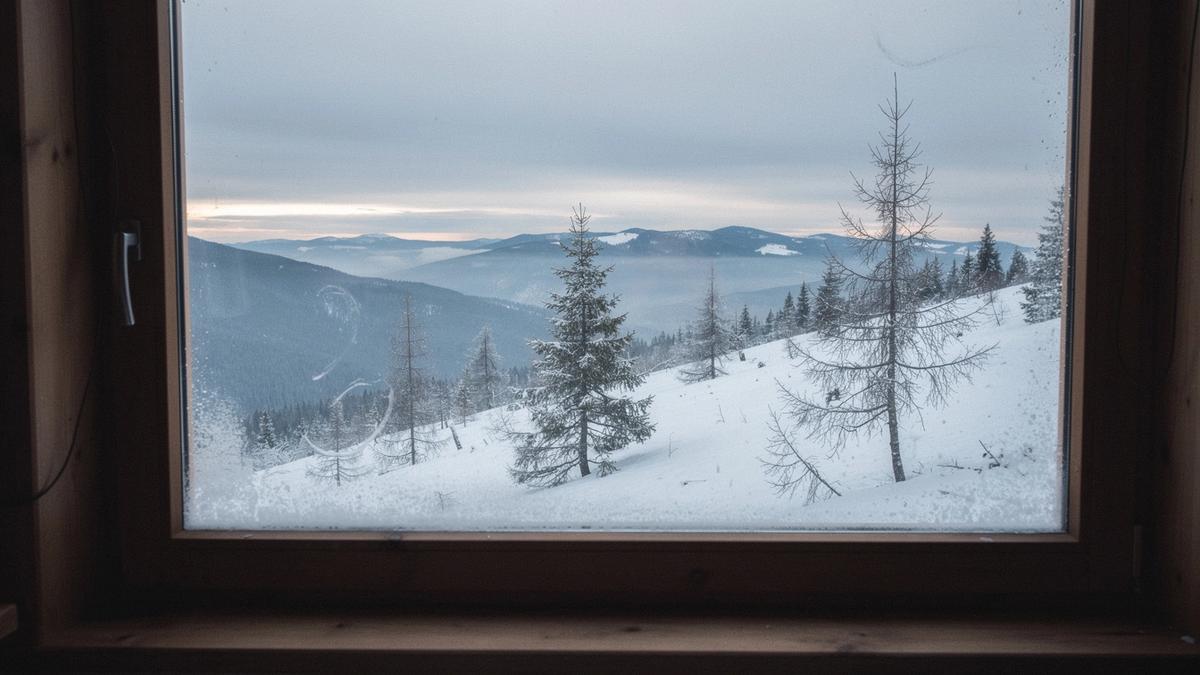 Chalet window looking over a snow-covered Carpathian slope at first light