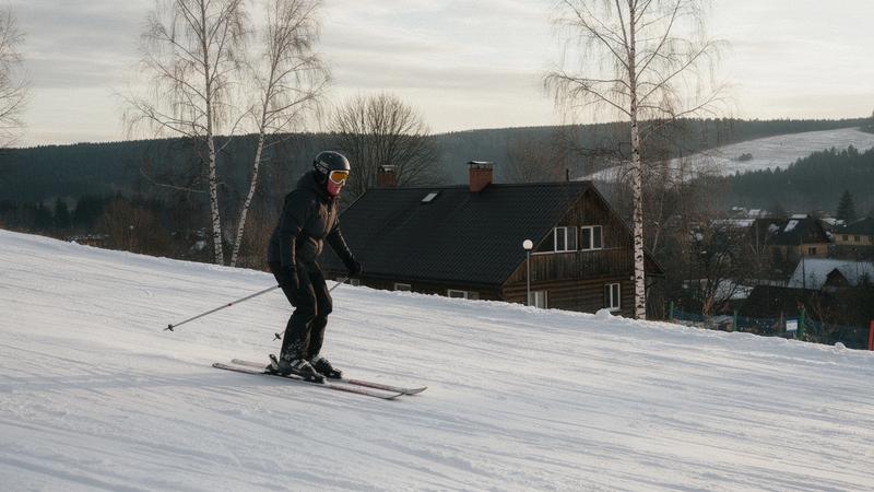 Beginner skier on a gentle slope in Slavske with a wooden lodge below