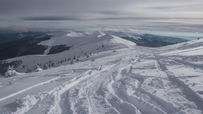 Off-piste terrain at Dragobrat with a snow-covered ridge in the distance