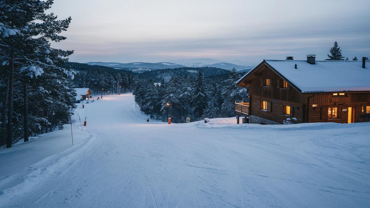 Snow covered slope beside a timber chalet at dusk