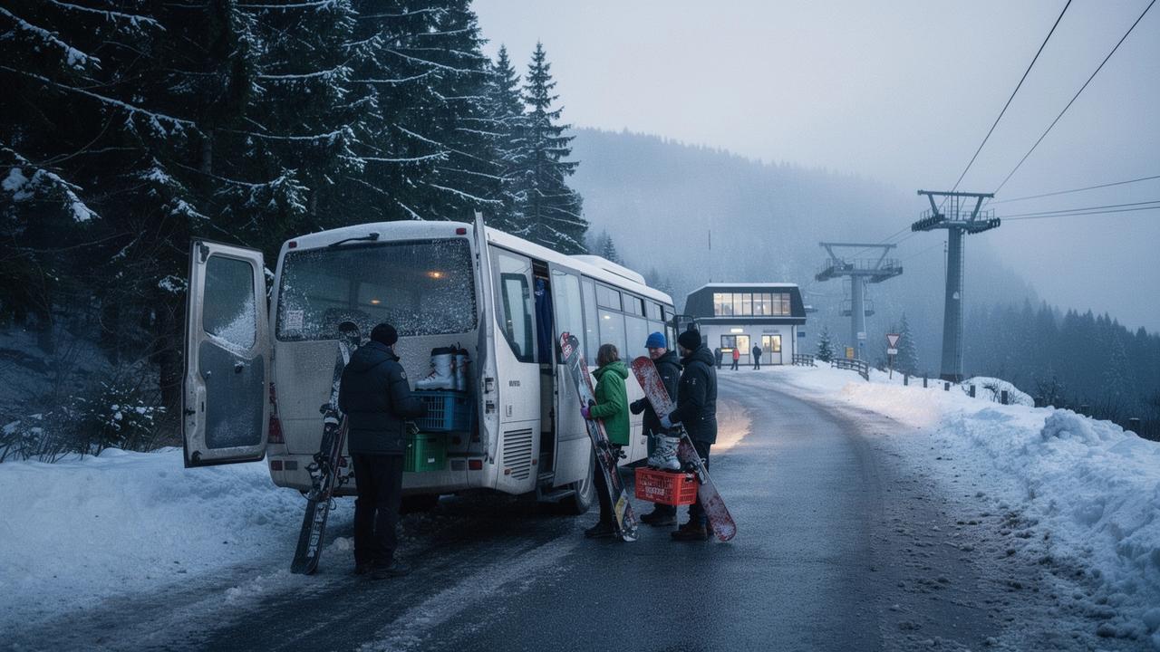 Travellers loading ski bags into a minibus at a Carpathian resort